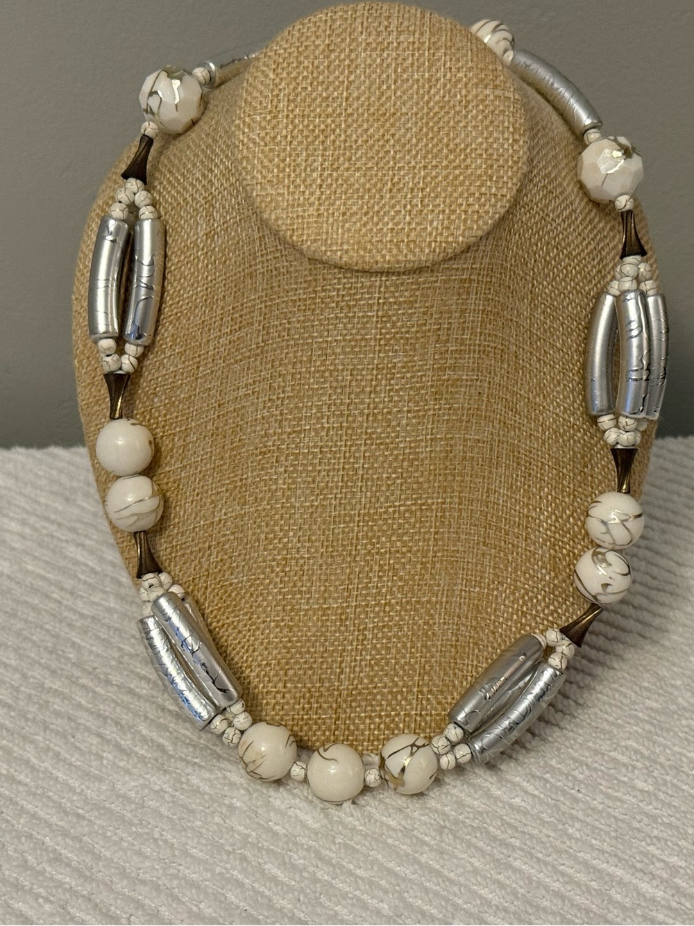 Made in Japan Vintage Neutral White and Silver Beaded Necklace - Women's Jewelry